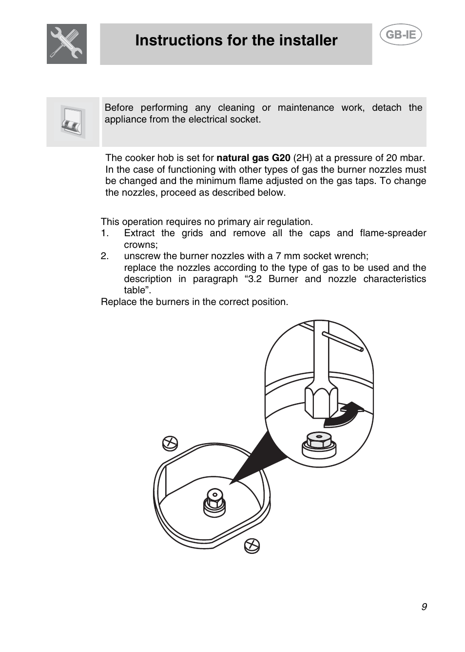 1 replacement of nozzles on the hob, Adaptation to different types of gas, Instructions for the installer | Smeg A2EA User Manual | Page 7 / 32