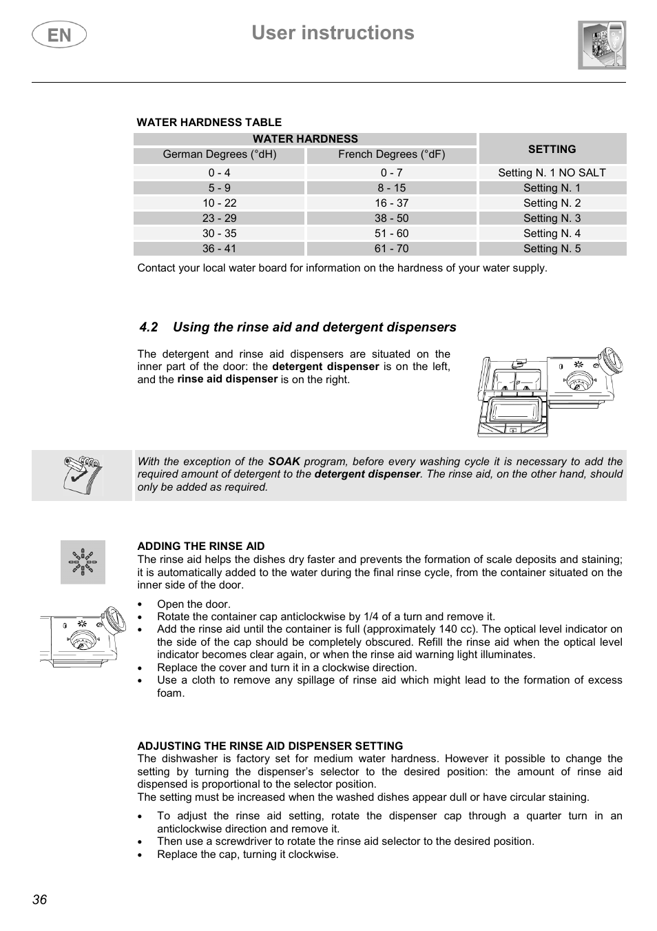 User instructions, 2 using the rinse aid and detergent dispensers | Smeg ST144 User Manual | Page 15 / 27