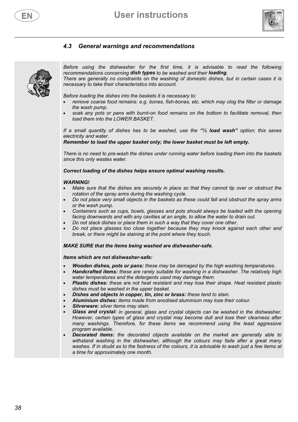 User instructions, 38 4.3 general warnings and recommendations | Smeg ST144 User Manual | Page 17 / 27