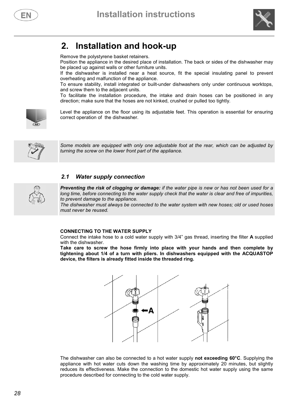 Installation instructions, Installation and hook-up | Smeg ST144 User Manual | Page 5 / 27