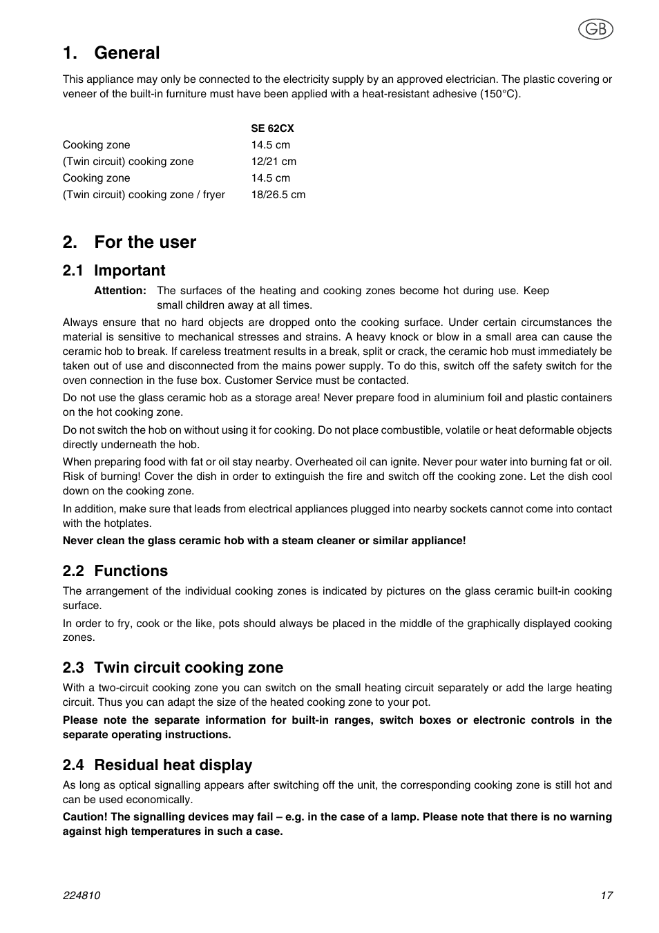General, For the user, 1 important | 2 functions, 3 twin circuit cooking zone, 4 residual heat display | Smeg SE62CX User Manual | Page 3 / 8