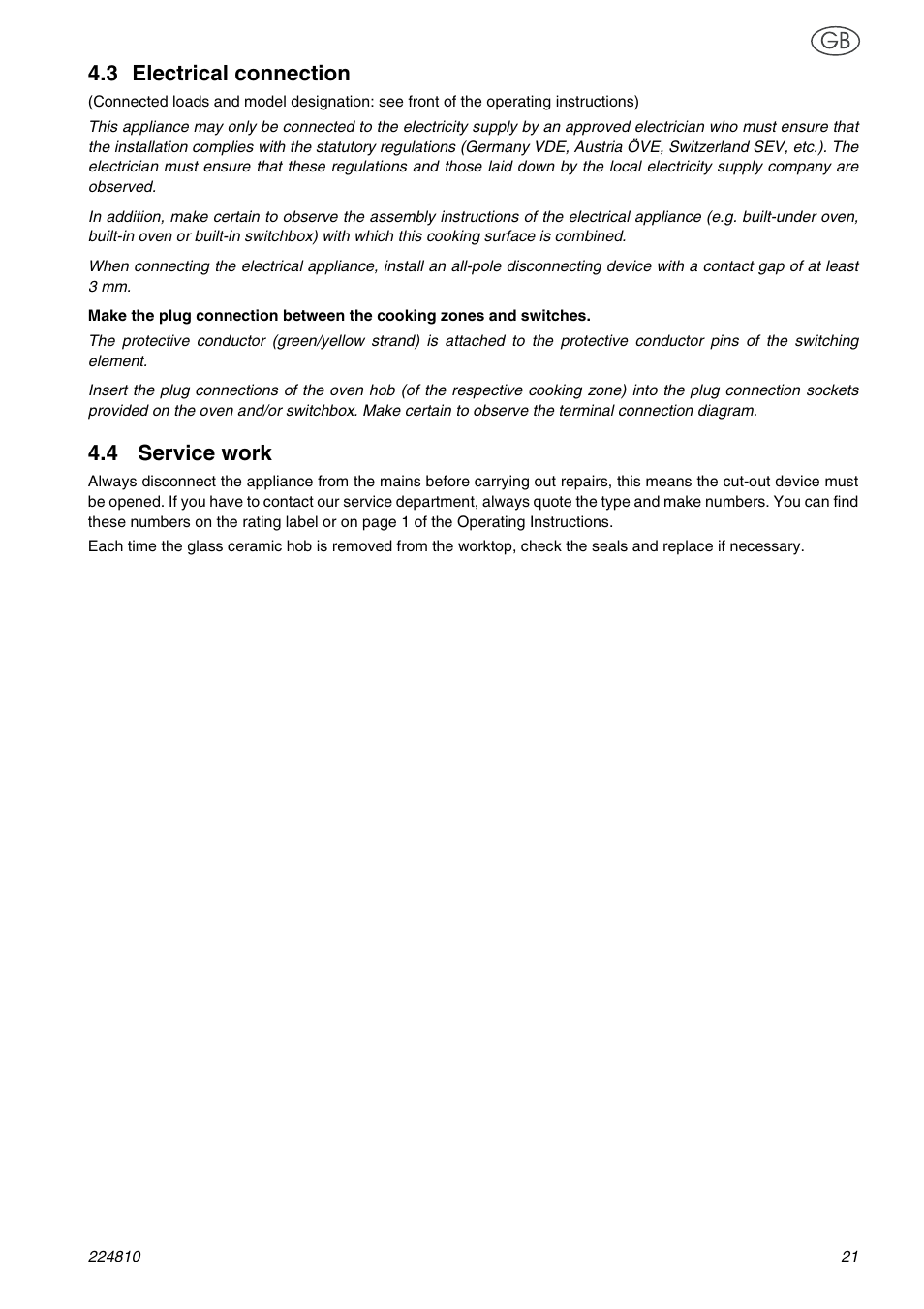 3 electrical connection, 4 service work | Smeg SE62CX User Manual | Page 7 / 8