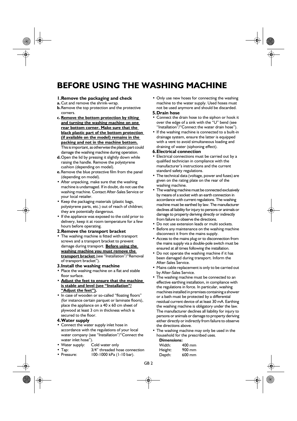Before using the washing machine | Smeg TLS8 User Manual | Page 2 / 19