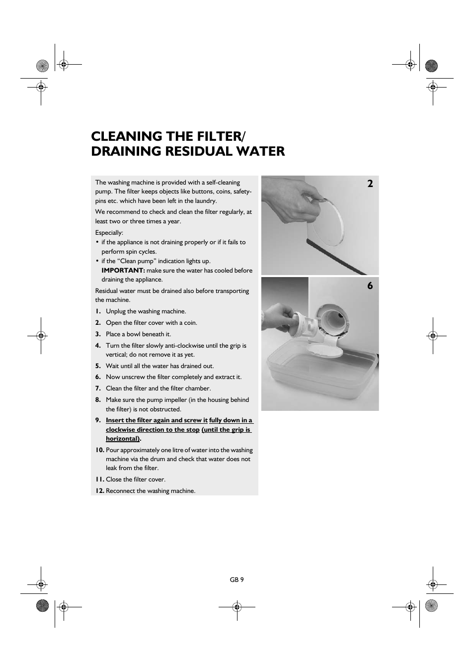 Cleaning the filter/ draining residual water | Smeg TLS8 User Manual | Page 9 / 19