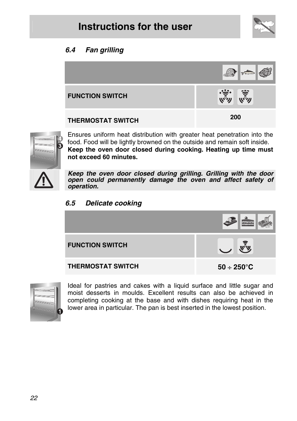 Fan grilling, 5 delicate cooking, Instructions for the user | 4 fan grilling, Function switch, Thermostat switch | Smeg SCA301X User Manual | Page 20 / 28