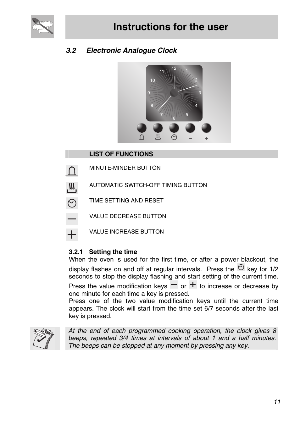 2 electronic analogue clock, 1 setting the time, Instructions for the user | Smeg SCA301X User Manual | Page 9 / 28