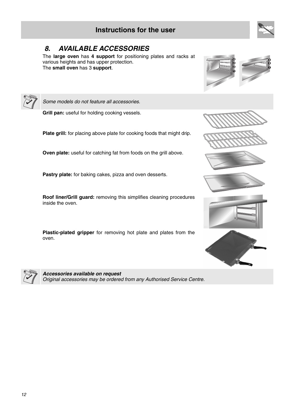 Available accessories, Instructions for the user | Smeg SDO10 User Manual | Page 10 / 24