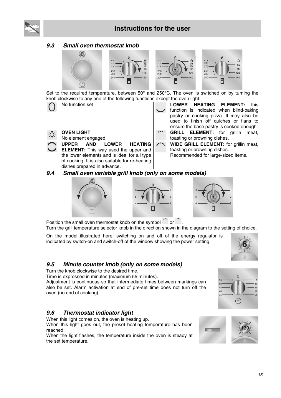 3 small oven thermostat knob, 5 minute counter knob (only on some models), 6 thermostat indicator light | Instructions for the user | Smeg SDO10 User Manual | Page 13 / 24