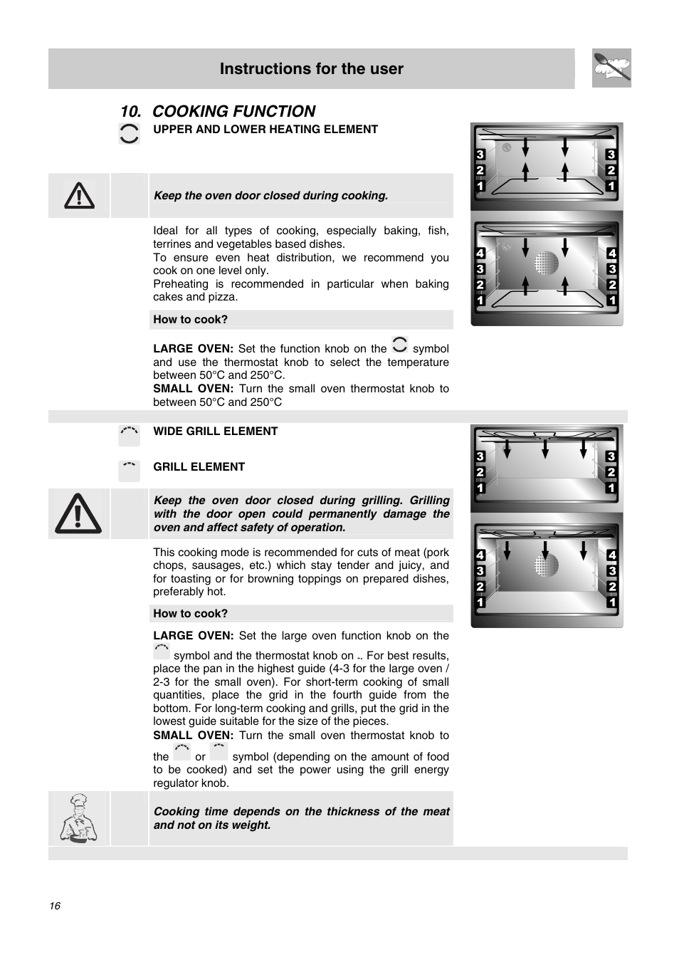 Cooking function, Instructions for the user | Smeg SDO10 User Manual | Page 14 / 24