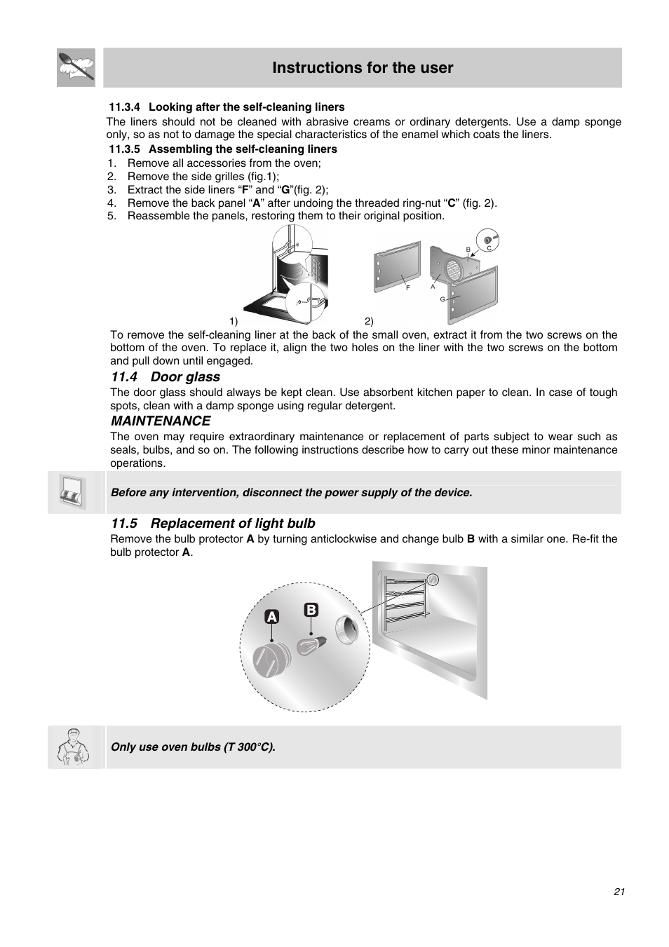 4 looking after the self-cleaning liners, 5 assembling the self-cleaning liners, 4 door glass | 5 replacement of light bulb, Instructions for the user | Smeg SDO10 User Manual | Page 19 / 24