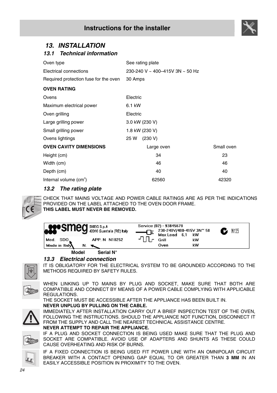 Installation, 1 technical information, 2 the rating plate | 3 electrical connection, Instructions for the installer | Smeg SDO10 User Manual | Page 22 / 24