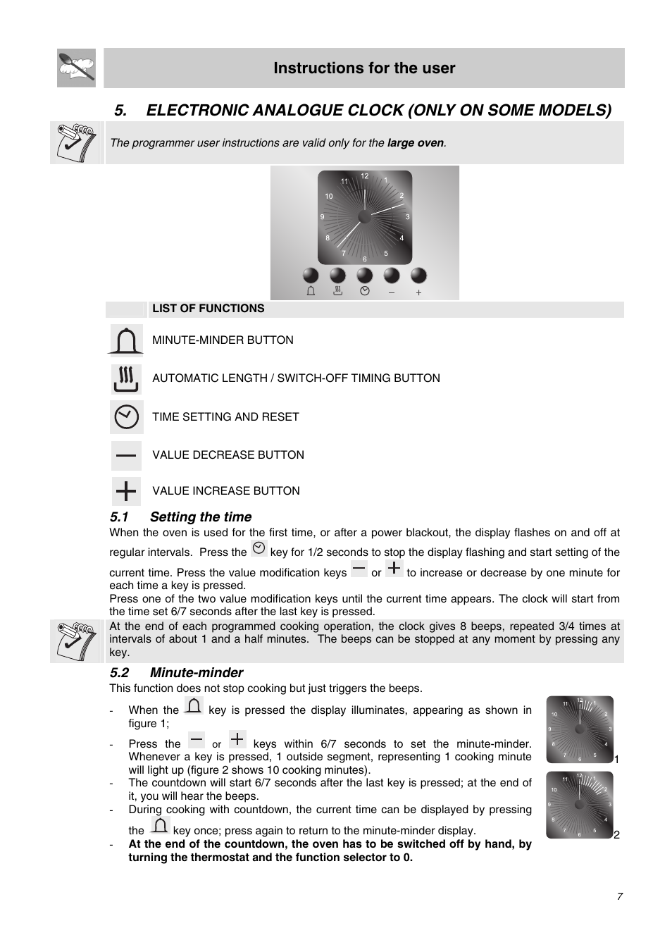 Electronic analogue clock (only on some models), 1 setting the time, 2 minute-minder | Instructions for the user | Smeg SDO10 User Manual | Page 5 / 24