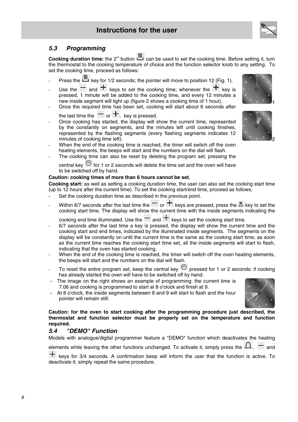 3 programming, 4 "demo" function, Instructions for the user | Smeg SDO10 User Manual | Page 6 / 24