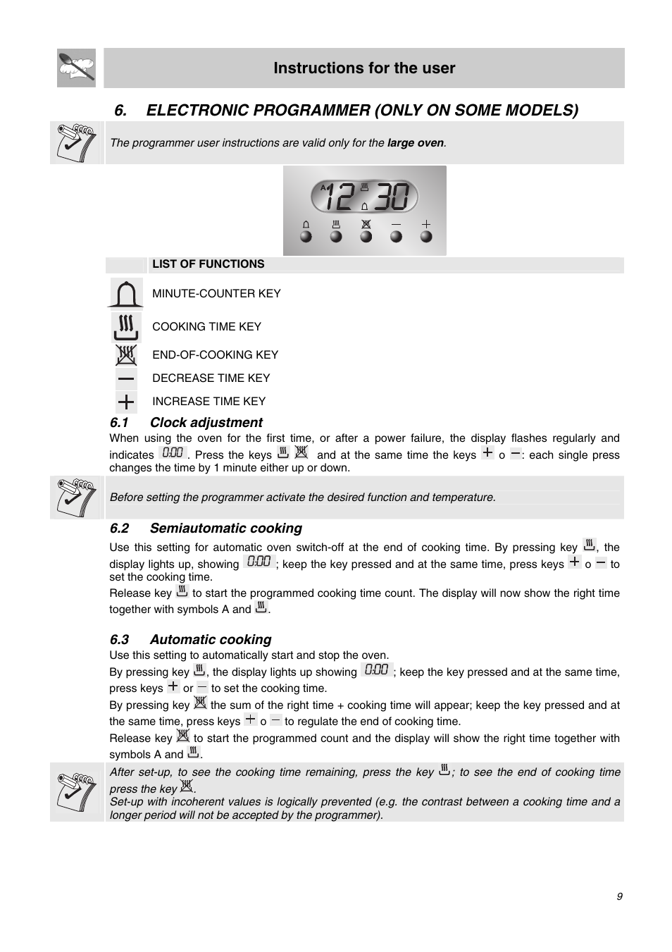 Electronic programmer (only on some models), 1 clock adjustment, 2 semiautomatic cooking | 3 automatic cooking, Instructions for the user | Smeg SDO10 User Manual | Page 7 / 24