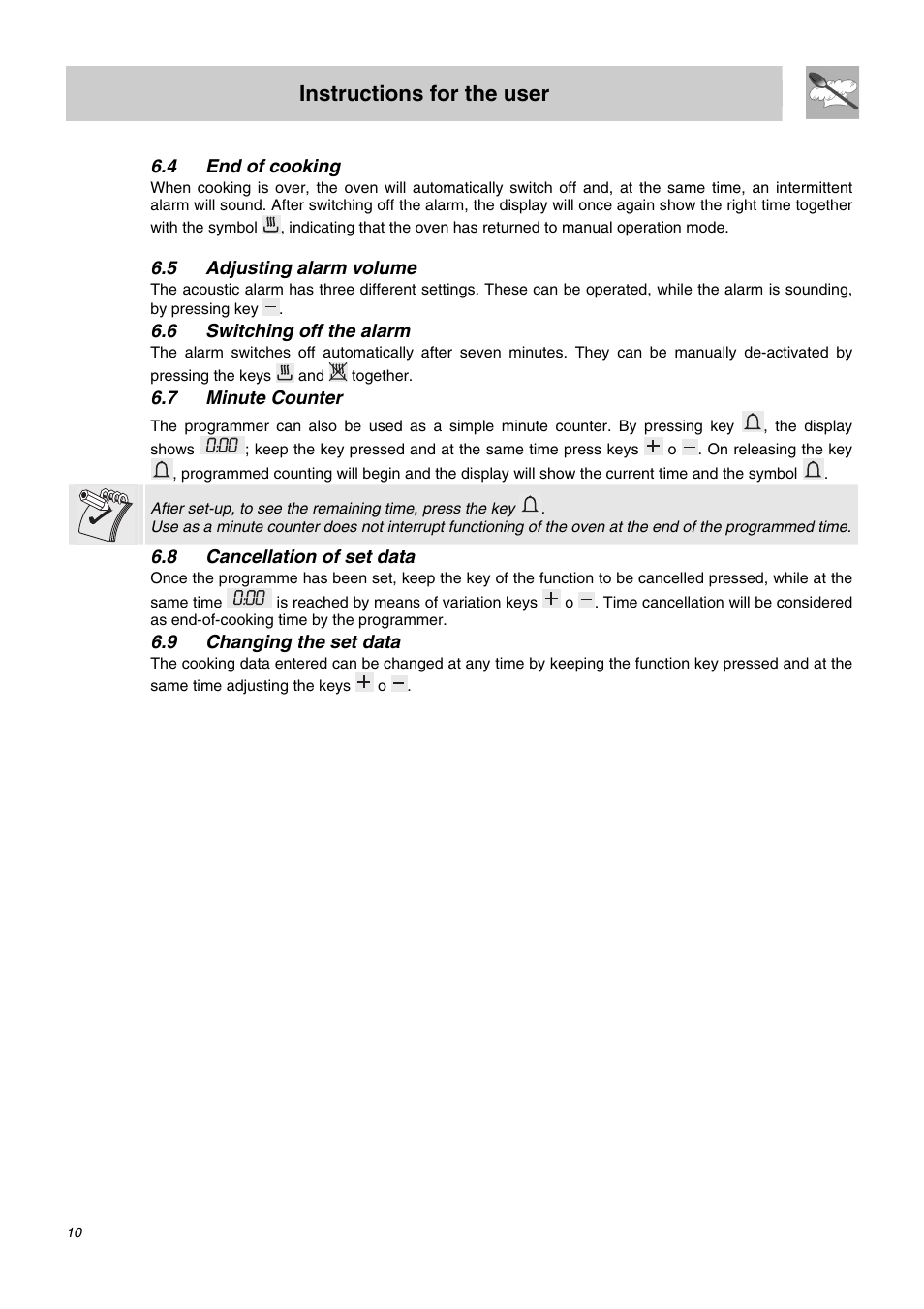 4 end of cooking, 5 adjusting alarm volume, 6 switching off the alarm | 7 minute counter, 8 cancellation of set data, 9 changing the set data, Instructions for the user | Smeg SDO10 User Manual | Page 8 / 24