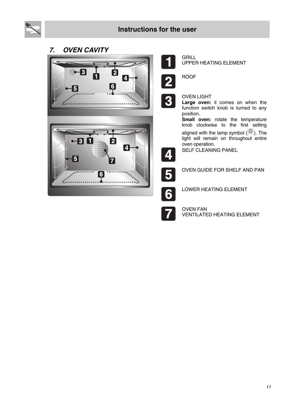 Oven cavity, Instructions for the user | Smeg SDO10 User Manual | Page 9 / 24