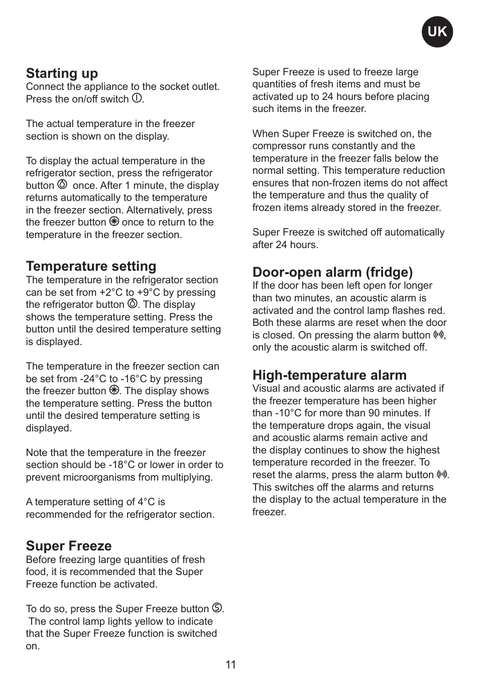 Uk starting up, Temperature setting, Super freeze | Door-open alarm (fridge), High-temperature alarm | Smeg FC310AL User Manual | Page 11 / 18