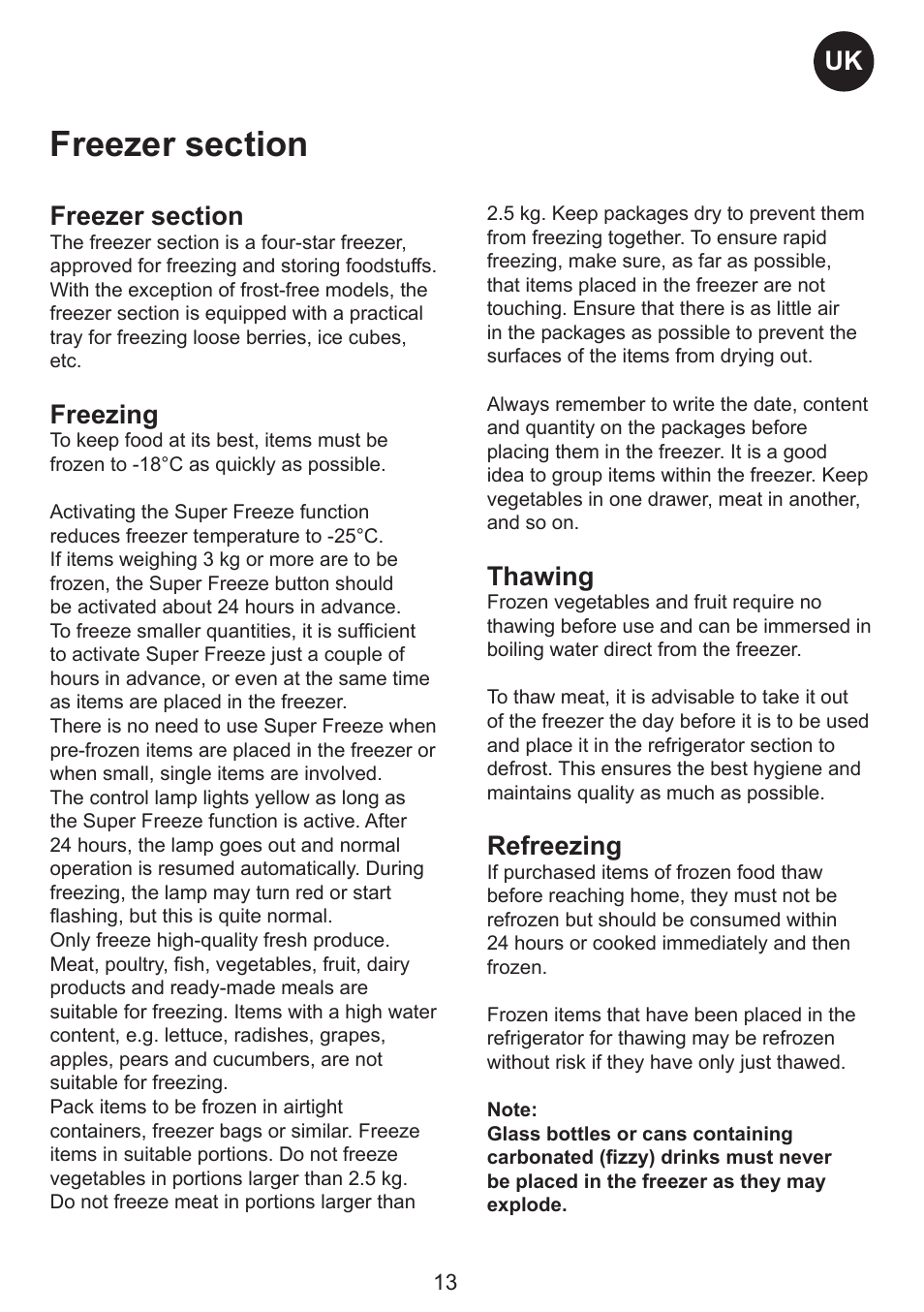 Freezing, Thawing, Refreezing | Smeg FC310AL User Manual | Page 13 / 18