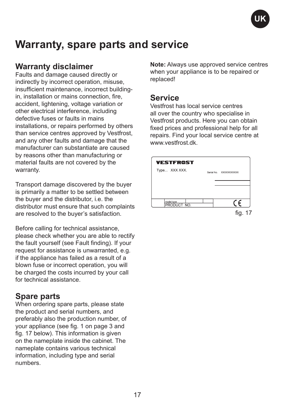 Warranty, spare parts and service, Uk warranty disclaimer, Spare parts | Service | Smeg FC310AL User Manual | Page 17 / 18