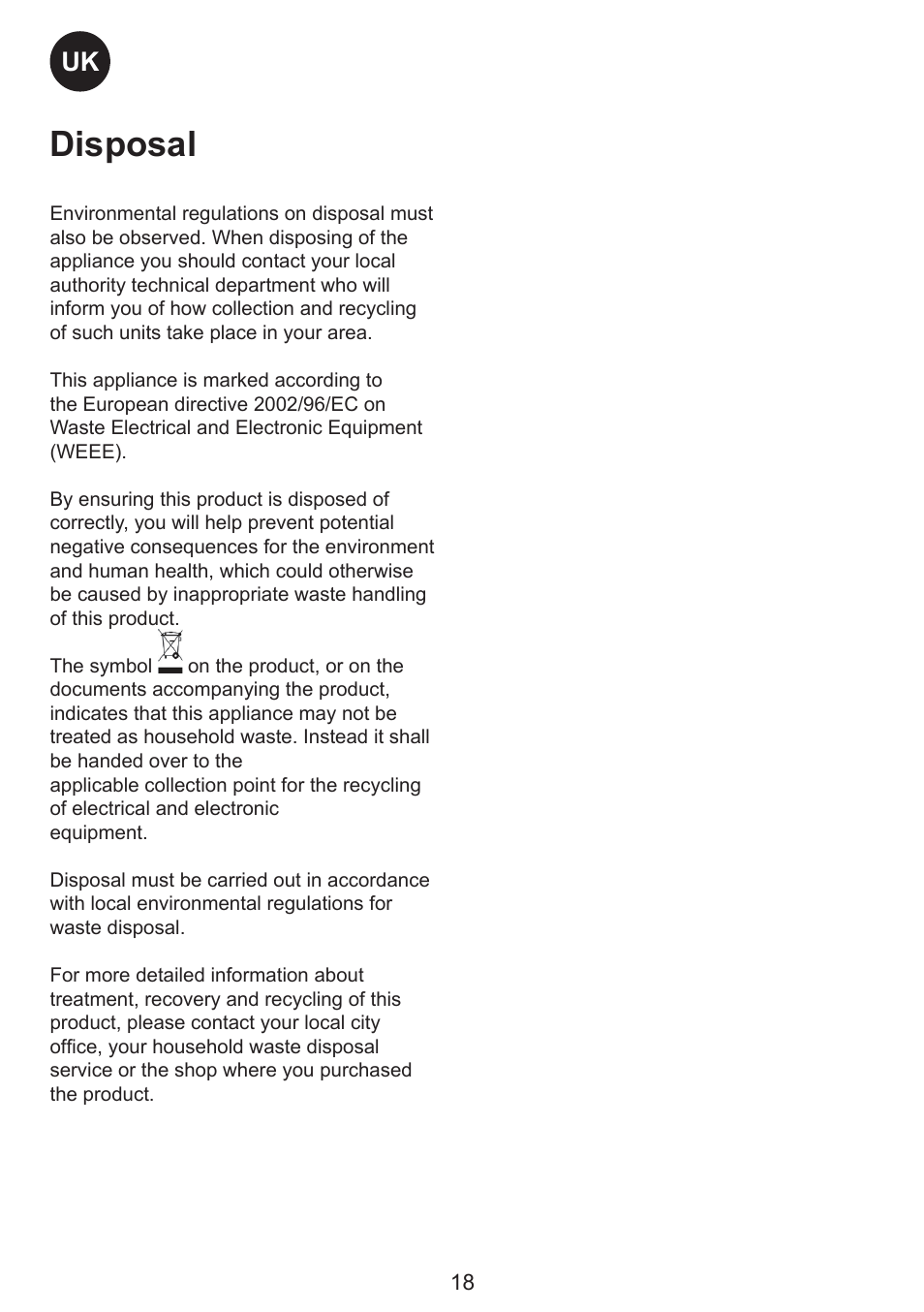 Disposal | Smeg FC310AL User Manual | Page 18 / 18