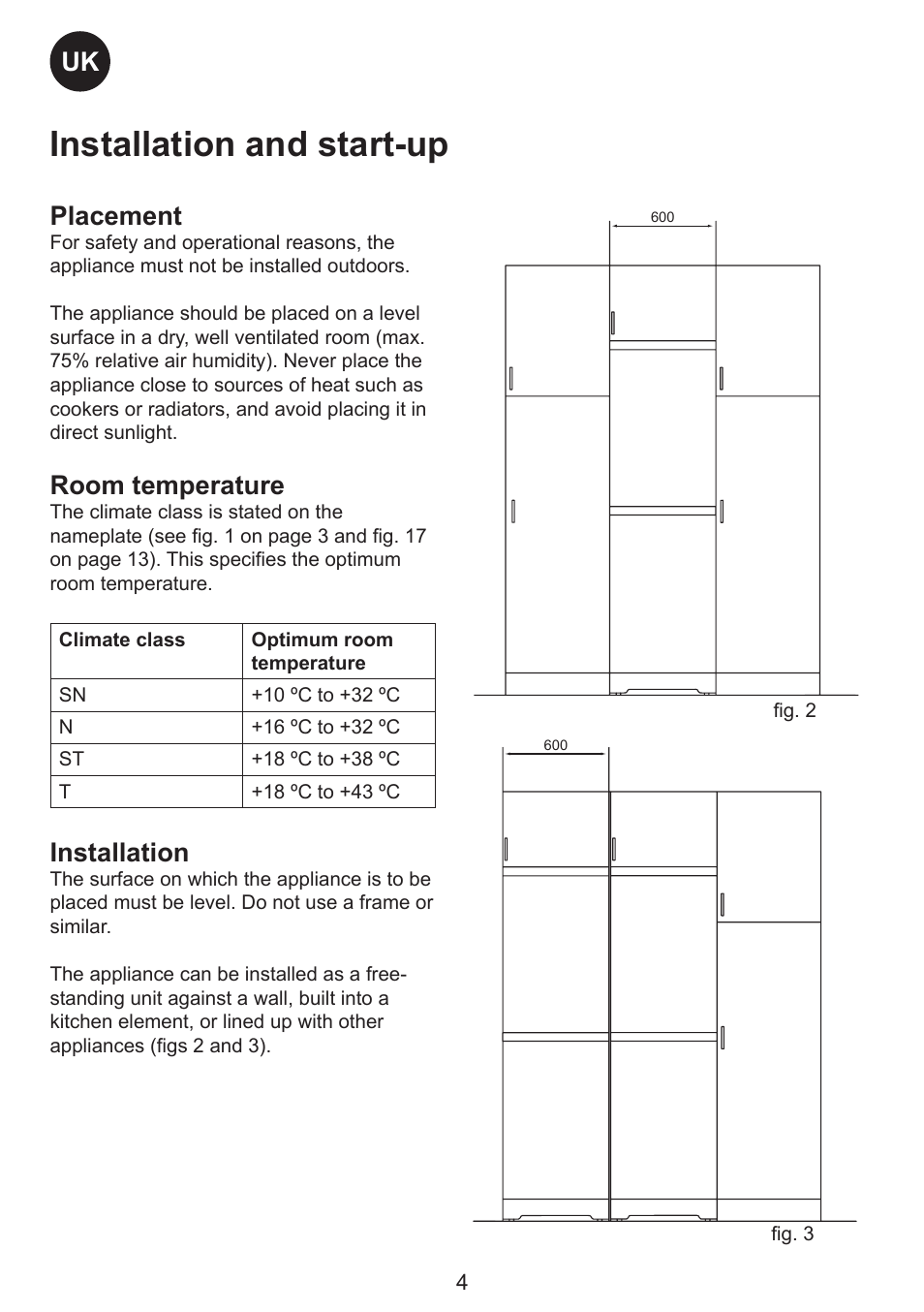 Installation and start-up, Uk placement, Room temperature | Installation | Smeg FC310AL User Manual | Page 4 / 18