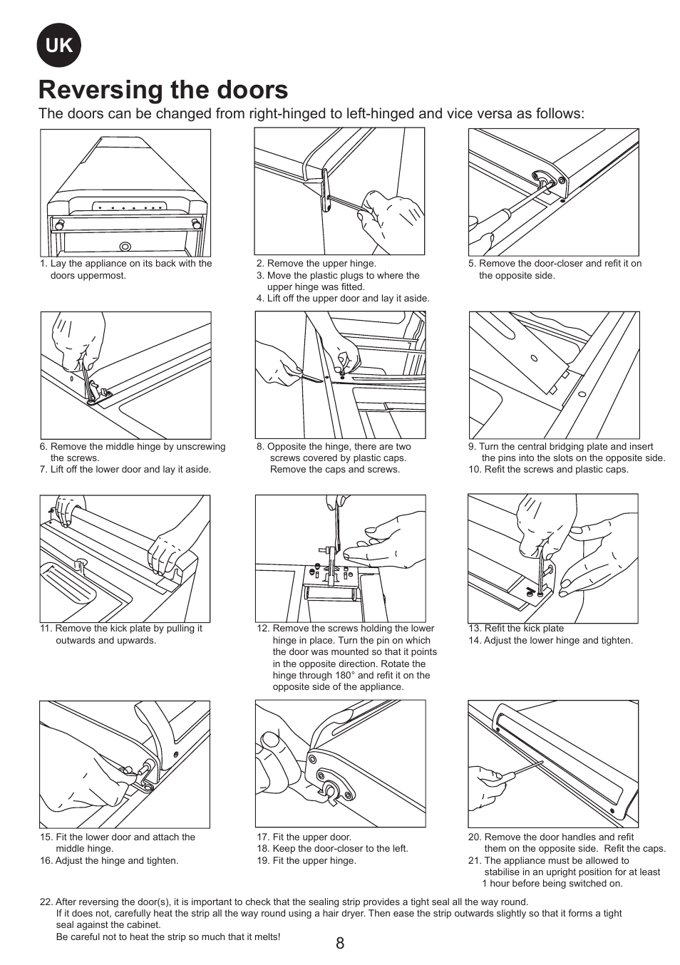 Reversing the doors | Smeg FC310AL User Manual | Page 8 / 18