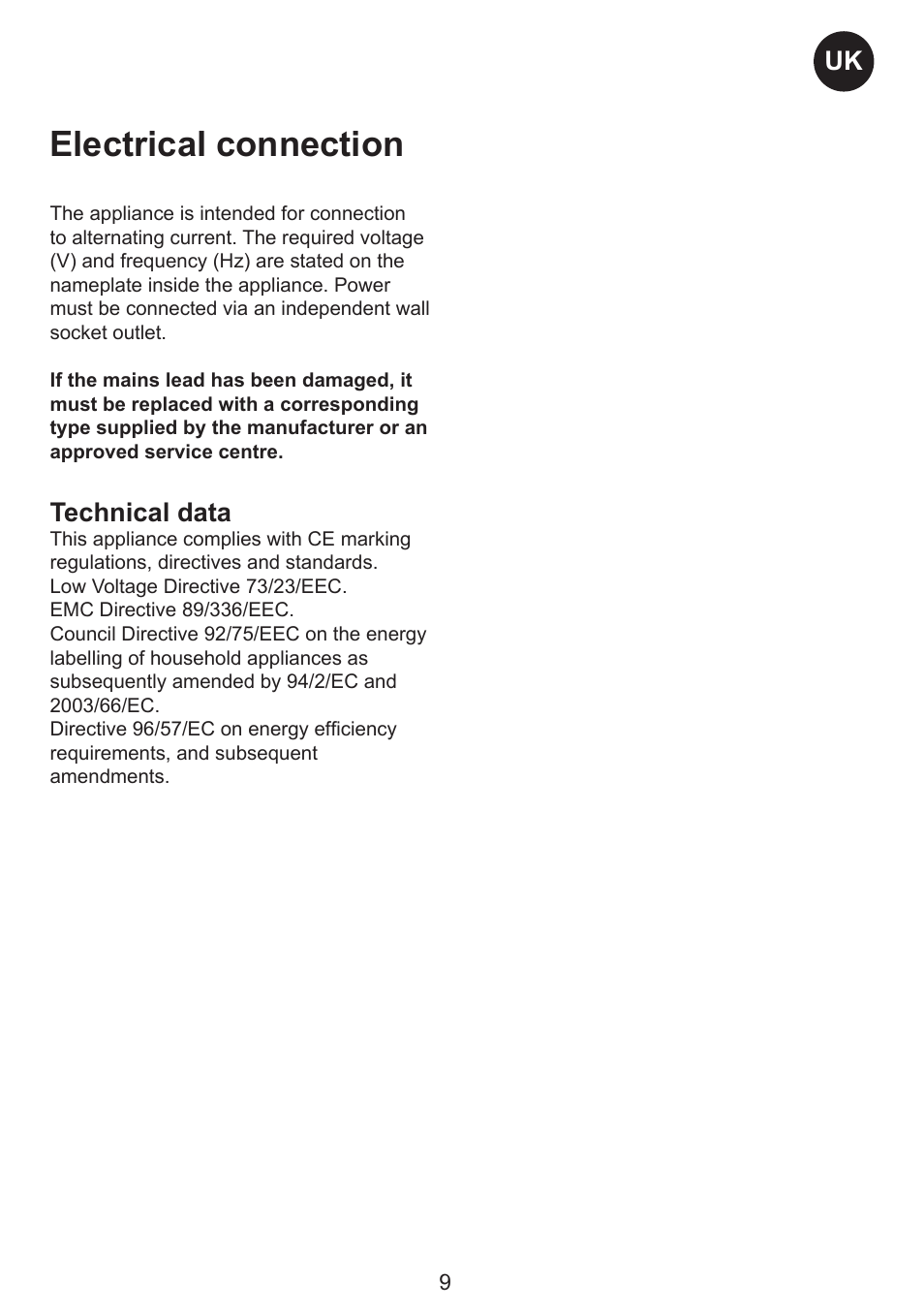 Electrical connection, Technical data | Smeg FC310AL User Manual | Page 9 / 18