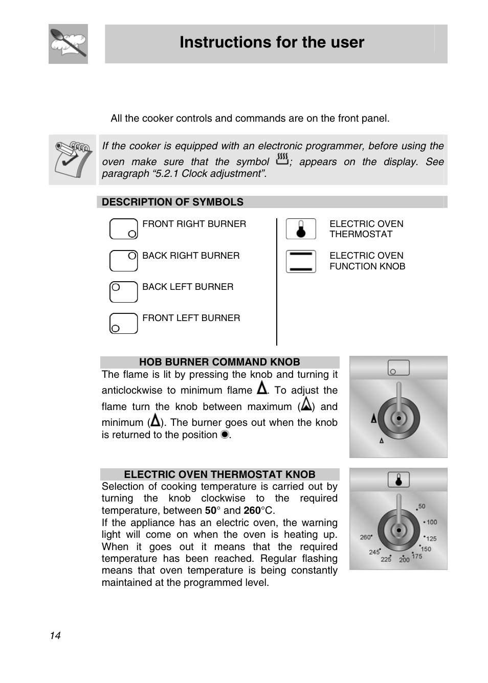 Instructions for the user, Description of controls, 1 front control panel | Smeg SNZ61MFX User Manual | Page 12 / 32