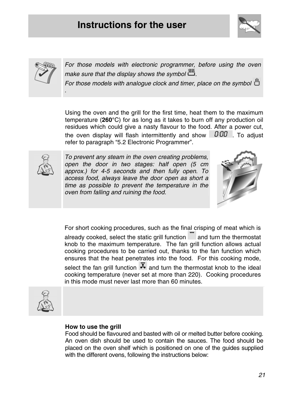 Instructions for the user, Use of the oven, 1 warnings and general advice | 2 use of the electric grill | Smeg SNZ61MFX User Manual | Page 19 / 32