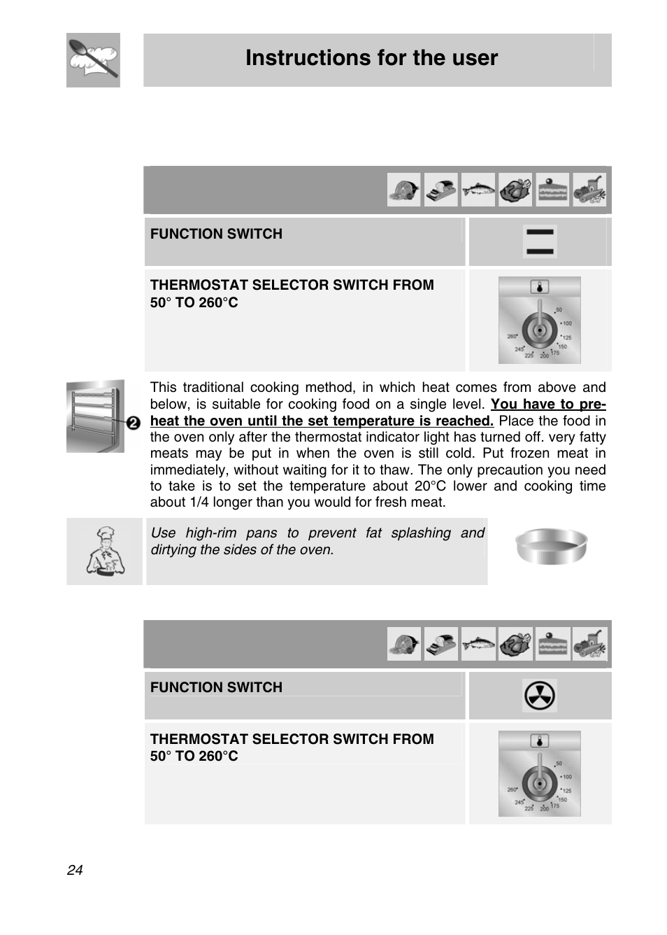 Instructions for the user, Cooking hints, 1 traditional cooking | 2 hot-air cooking, Function switch | Smeg SNZ61MFX User Manual | Page 22 / 32