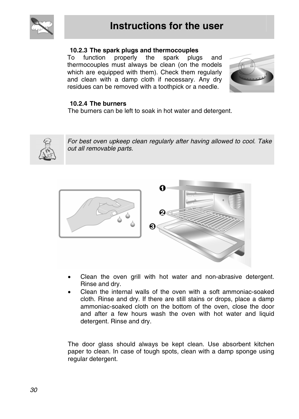 Instructions for the user, 3 cleaning of oven, 4 door glass | Smeg SNZ61MFX User Manual | Page 28 / 32