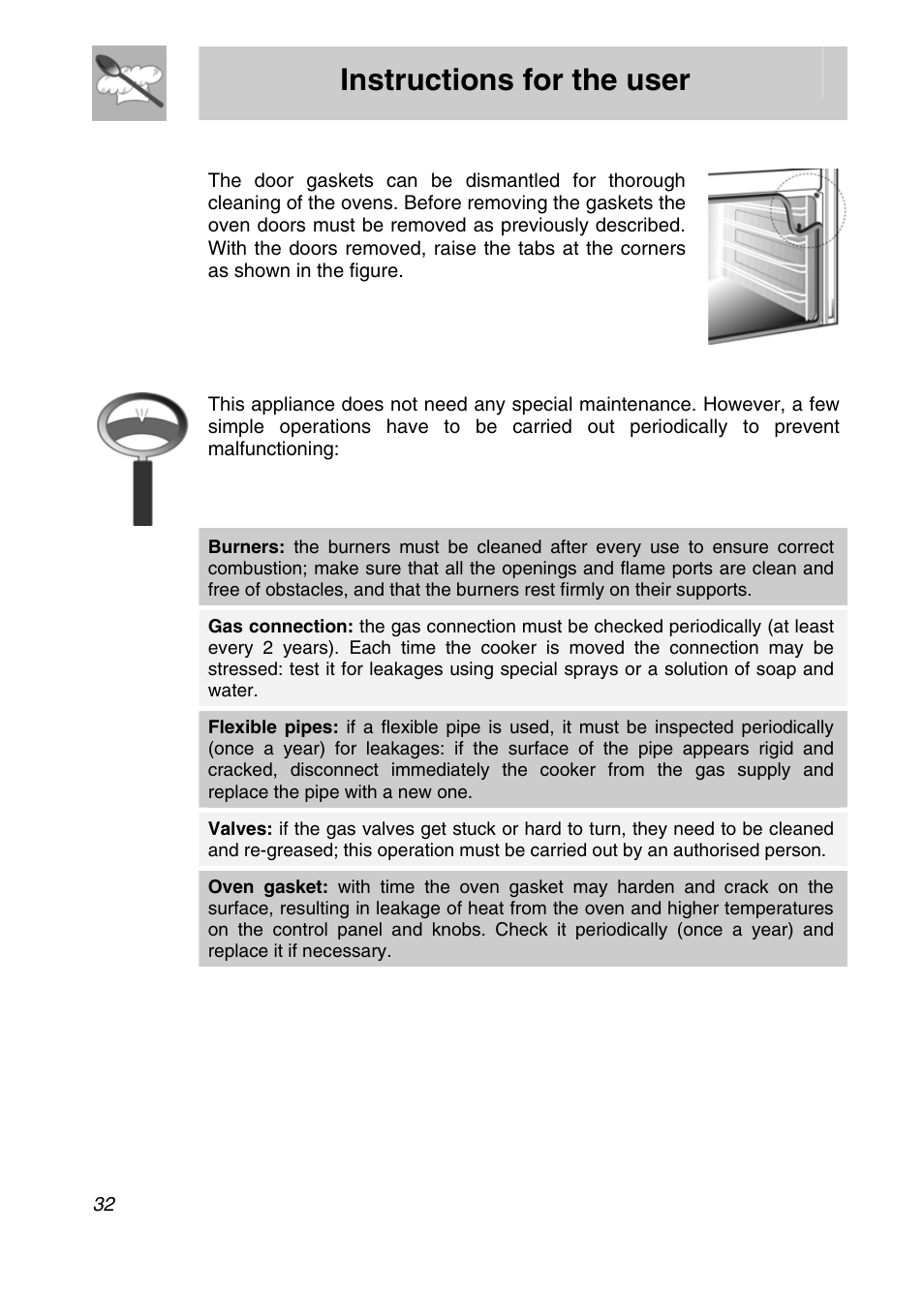 Instructions for the user, 4 oven door gaskets, 5 preventive maintenance | Smeg SNZ61MFX User Manual | Page 30 / 32