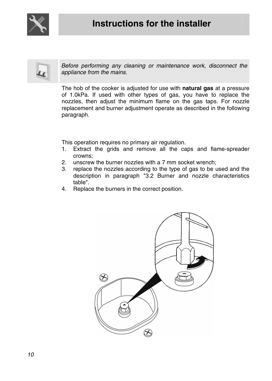 Instructions for the installer, Adaptation to different types of gas, 1 replacement of nozzles on the hob | Smeg SNZ61MFX User Manual | Page 8 / 32