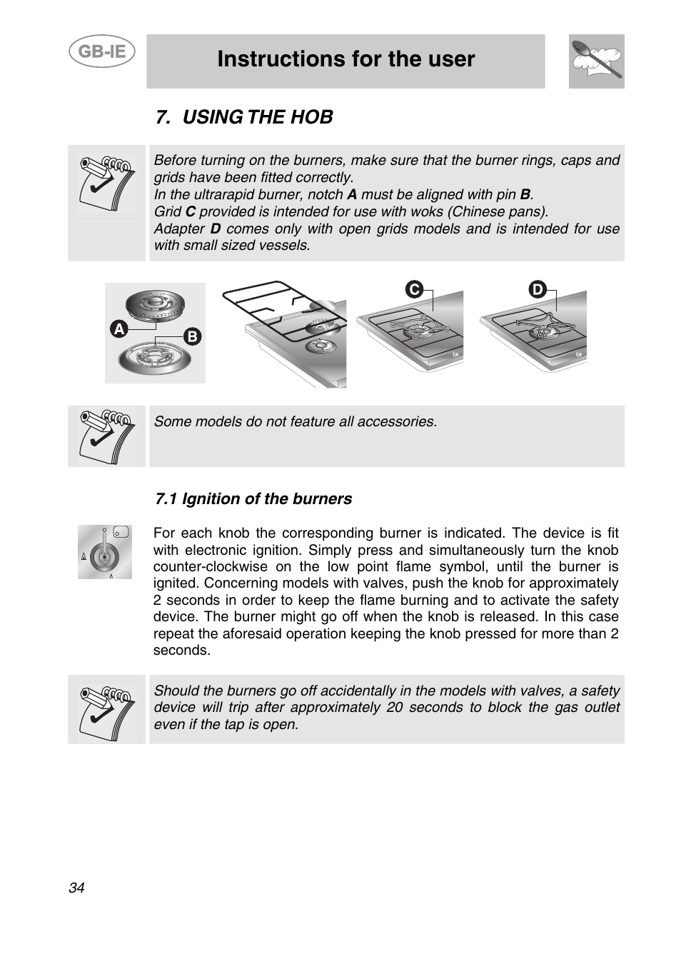 Using the hob, 1 ignition of the burners, Instructions for the user | Some models do not feature all accessories | Smeg SDR60XG3 User Manual | Page 14 / 18