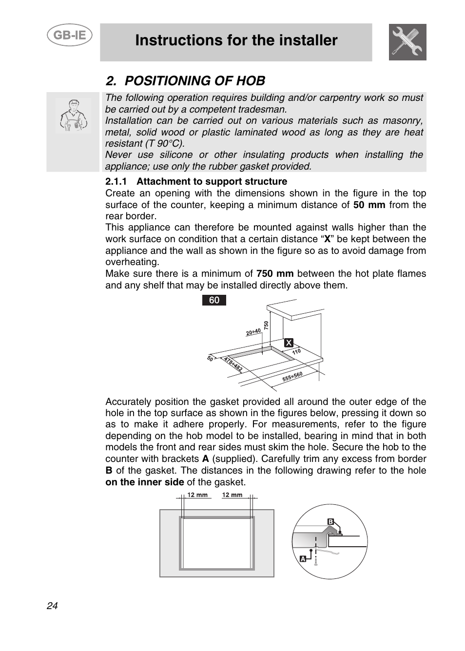 Positioning of hob, 1 attachment to support structure, Instructions for the installer | Smeg SDR60XG3 User Manual | Page 4 / 18
