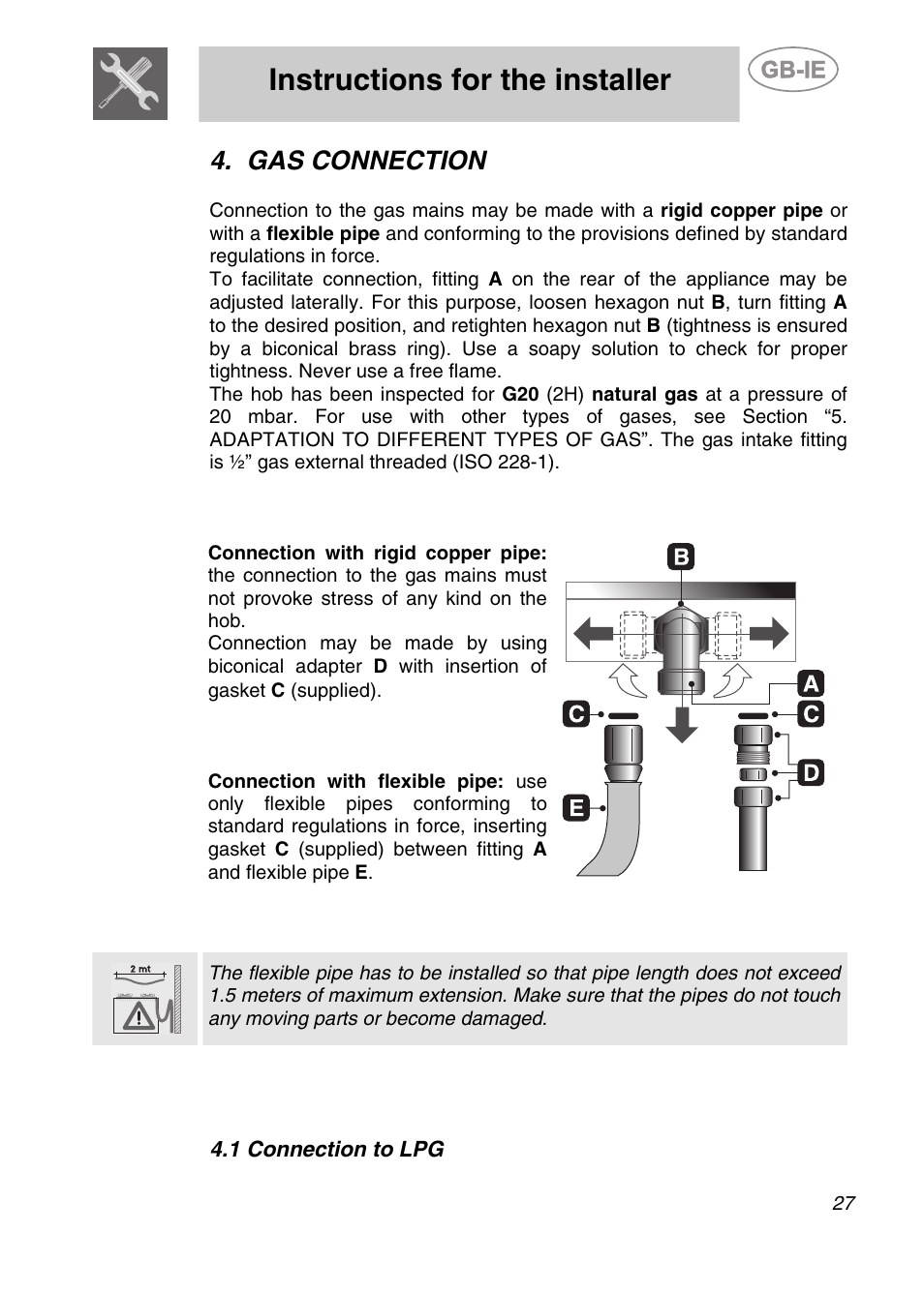 Gas connection, Connection to lpg, Instructions for the installer | Smeg SDR60XG3 User Manual | Page 7 / 18