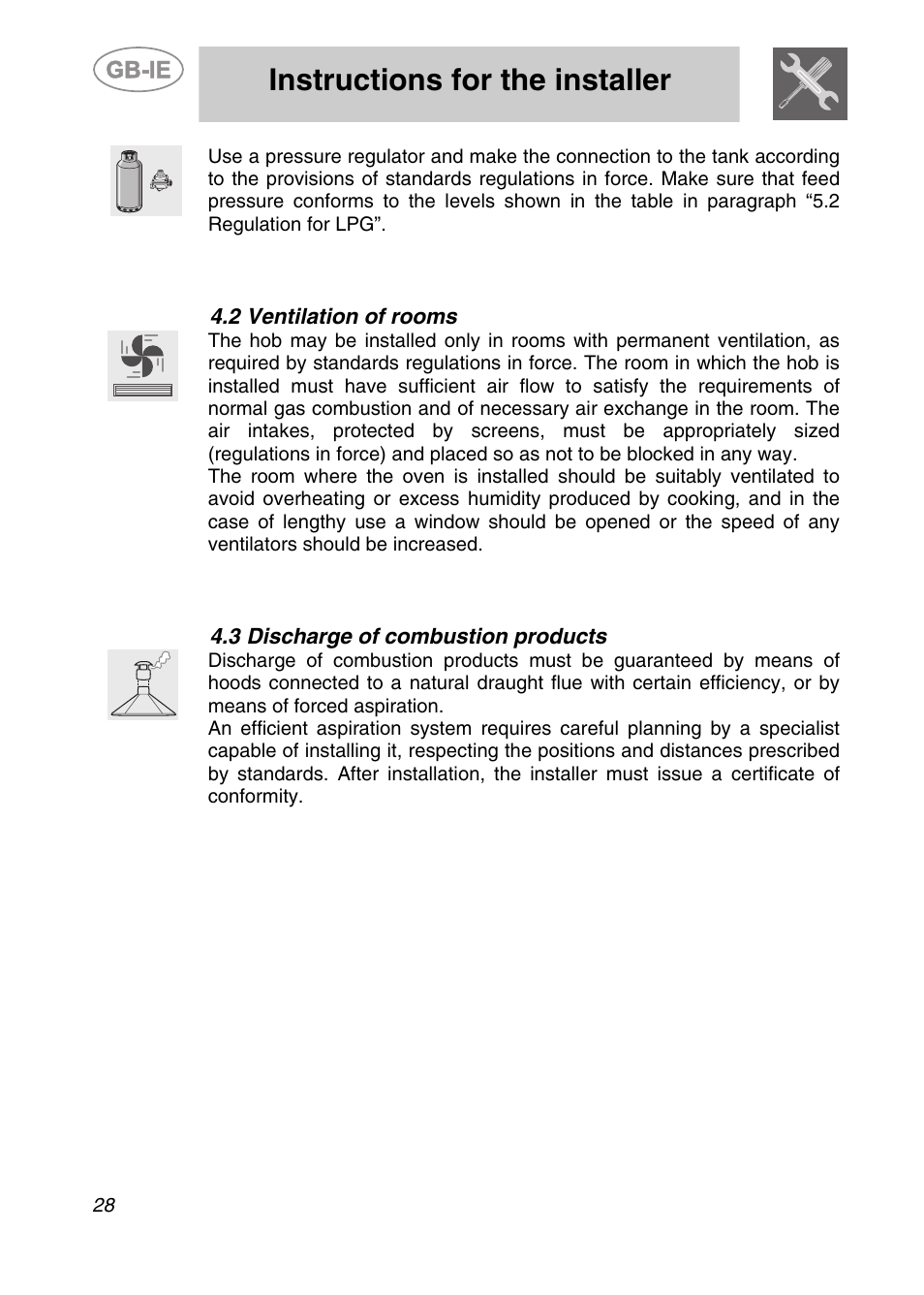 2 ventilation of rooms, 3 discharge of combustion products, Instructions for the installer | Smeg SDR60XG3 User Manual | Page 8 / 18
