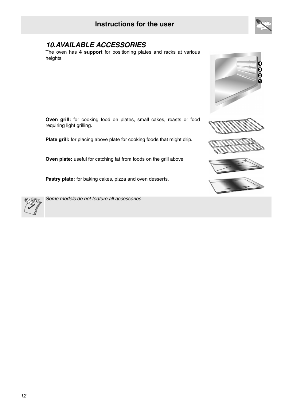 Available accessories, Instructions for the user | Smeg SNZ60EVX User Manual | Page 10 / 20