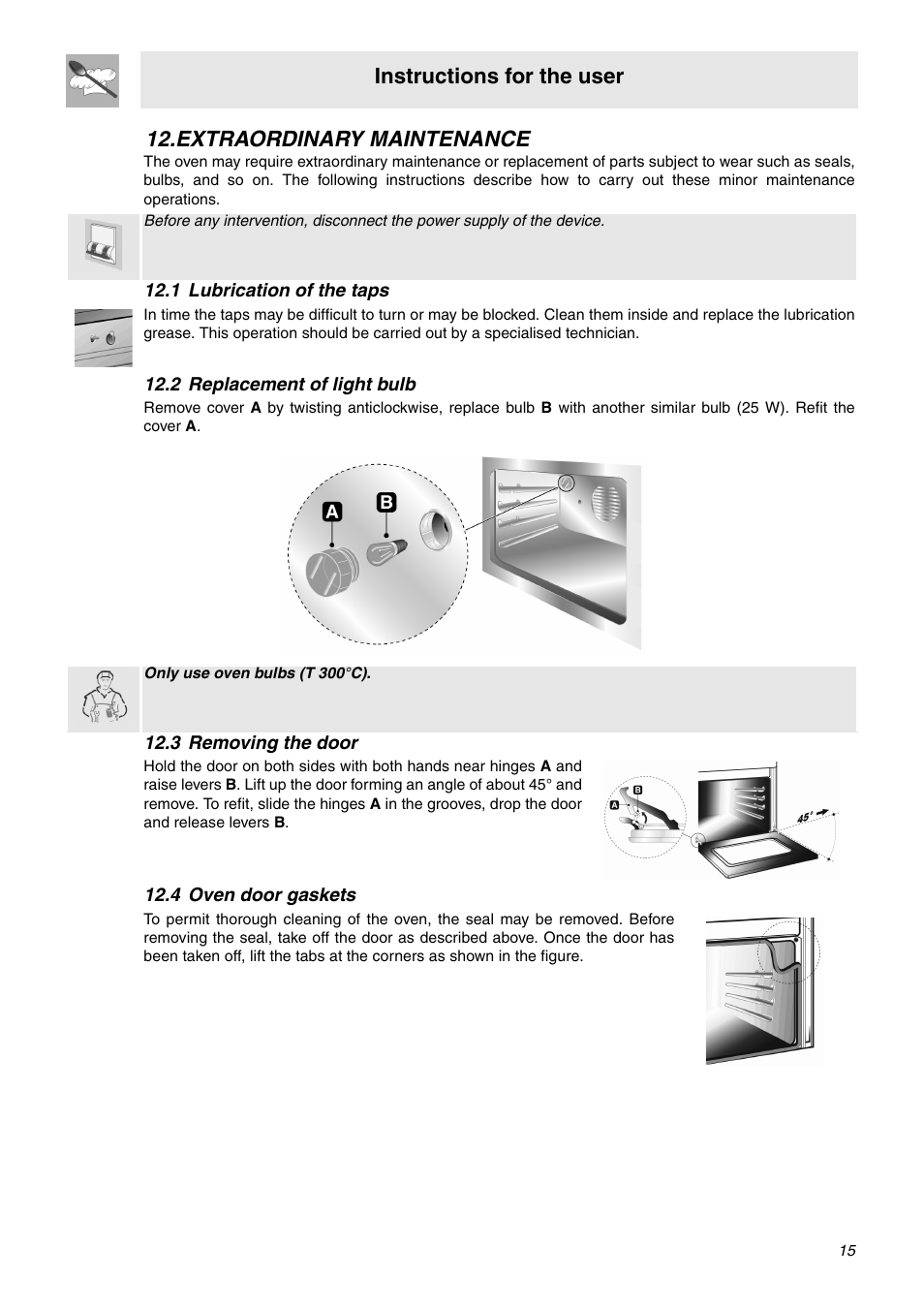 Extraordinary maintenance, 1 lubrication of the taps, 2 replacement of light bulb | 3 removing the door, 4 oven door gaskets, Instructions for the user | Smeg SNZ60EVX User Manual | Page 13 / 20