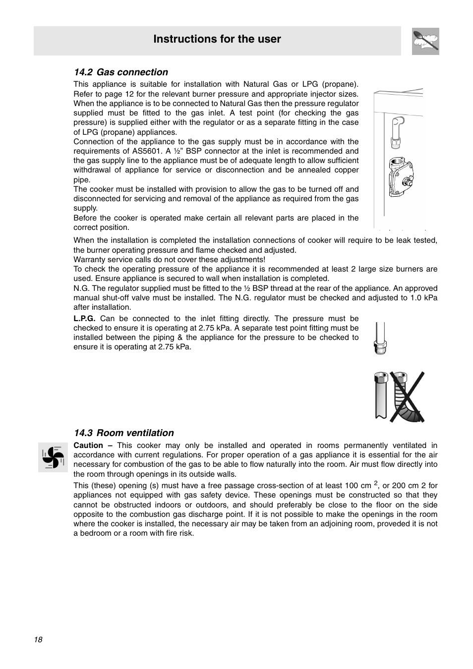 2 gas connection, 3 room ventilation, Instructions for the user | Smeg SNZ60EVX User Manual | Page 16 / 20