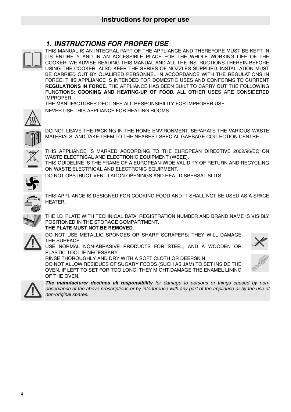 Instructions for proper use | Smeg SNZ60EVX User Manual | Page 2 / 20