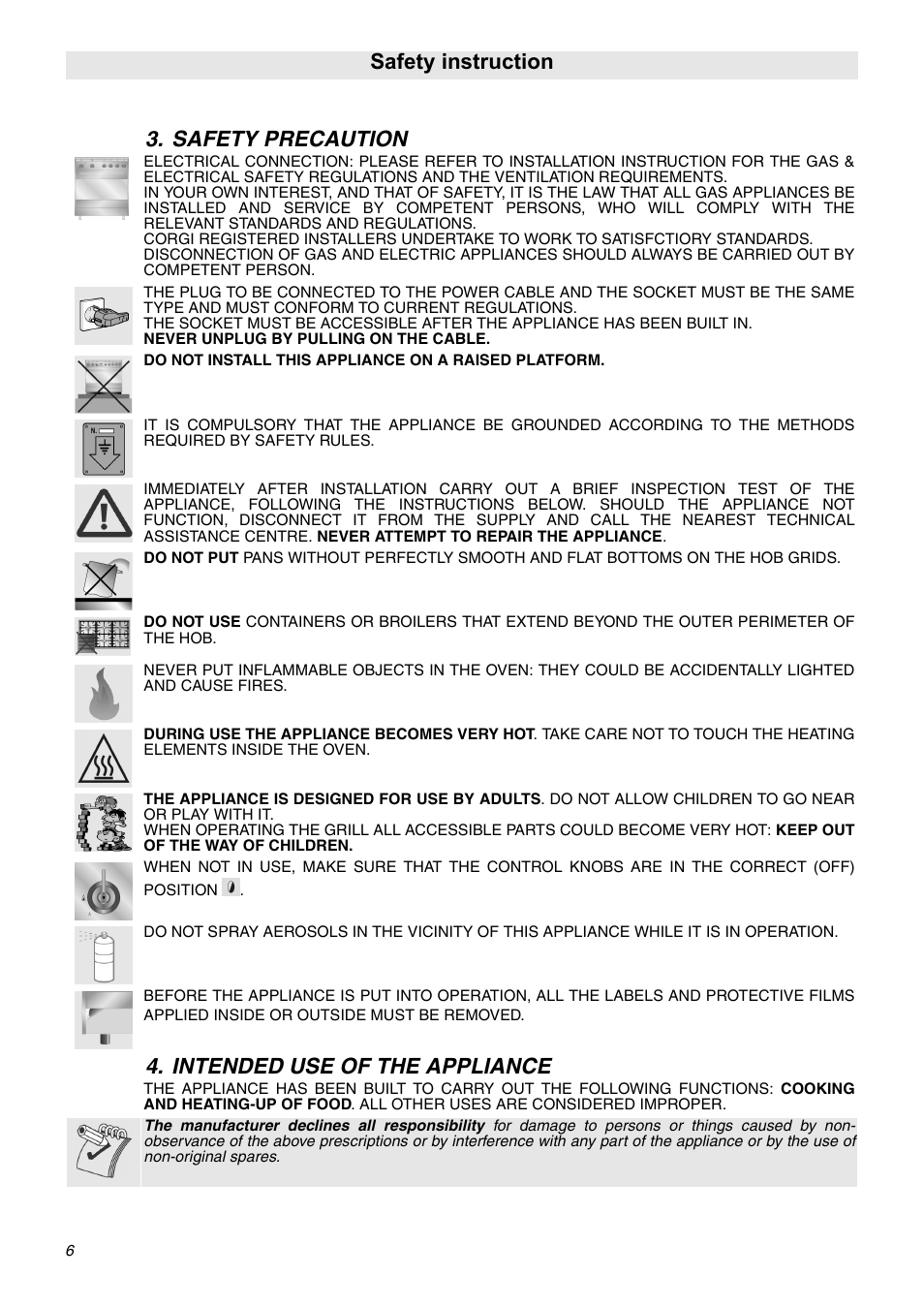 Safety precaution, Intended use of the appliance, Safety instruction | Safety precaution 4. intended use of the appliance | Smeg SNZ60EVX User Manual | Page 4 / 20
