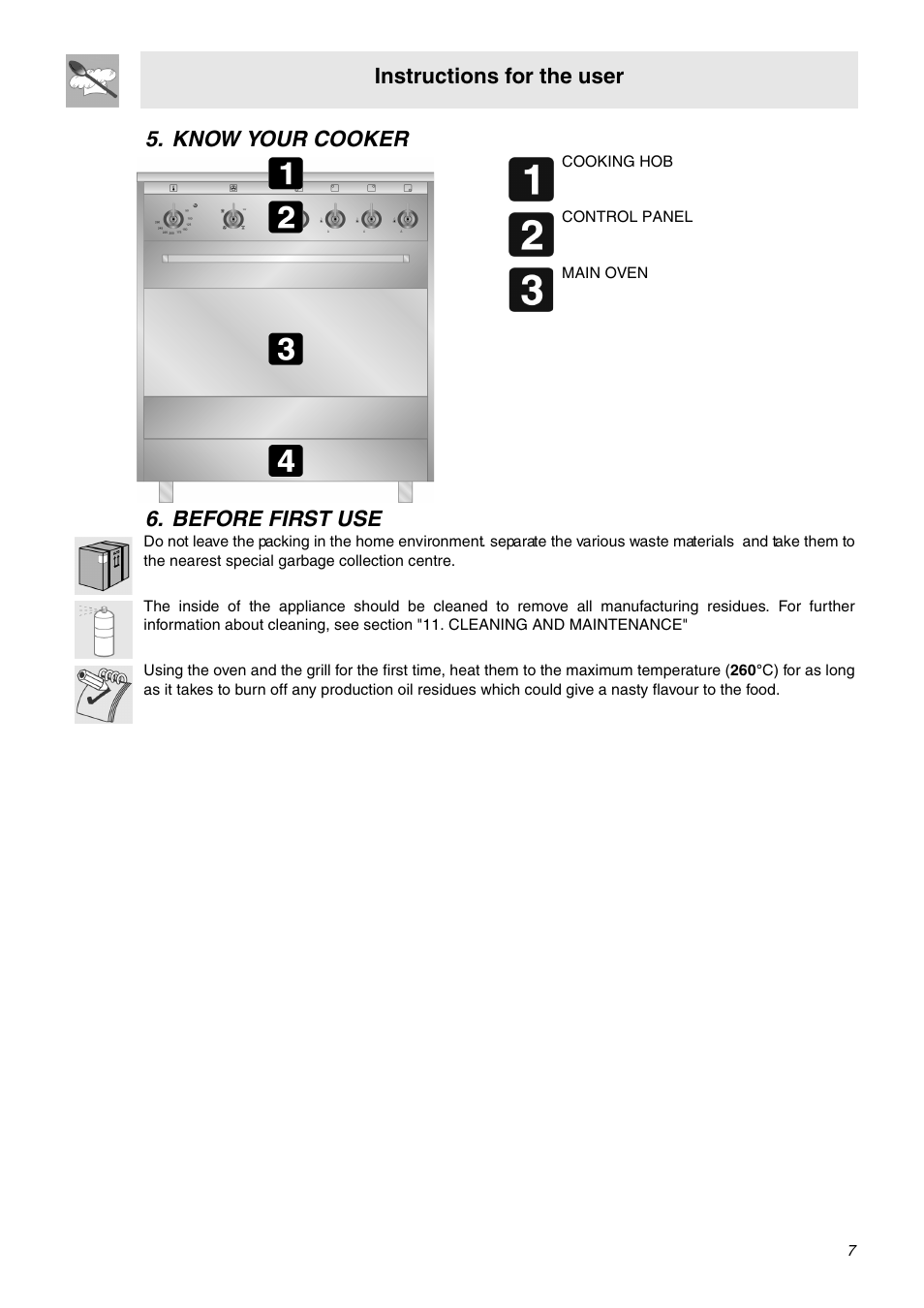 Know your cooker, Before first use, Instructions for the user | Know your cooker 6. before first use | Smeg SNZ60EVX User Manual | Page 5 / 20