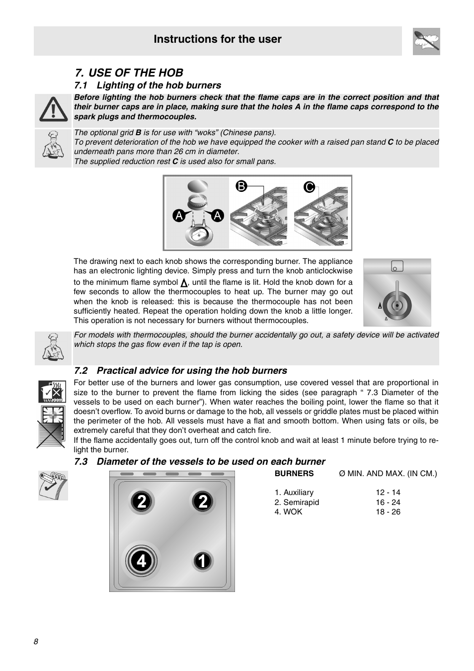 Use of the hob, 1 lighting of the hob burners, 2 practical advice for using the hob burners | Instructions for the user | Smeg SNZ60EVX User Manual | Page 6 / 20