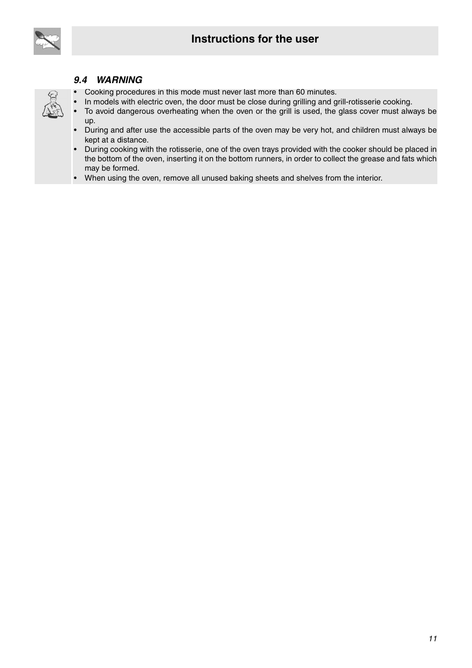 4 warning, Instructions for the user | Smeg SNZ60EVX User Manual | Page 9 / 20