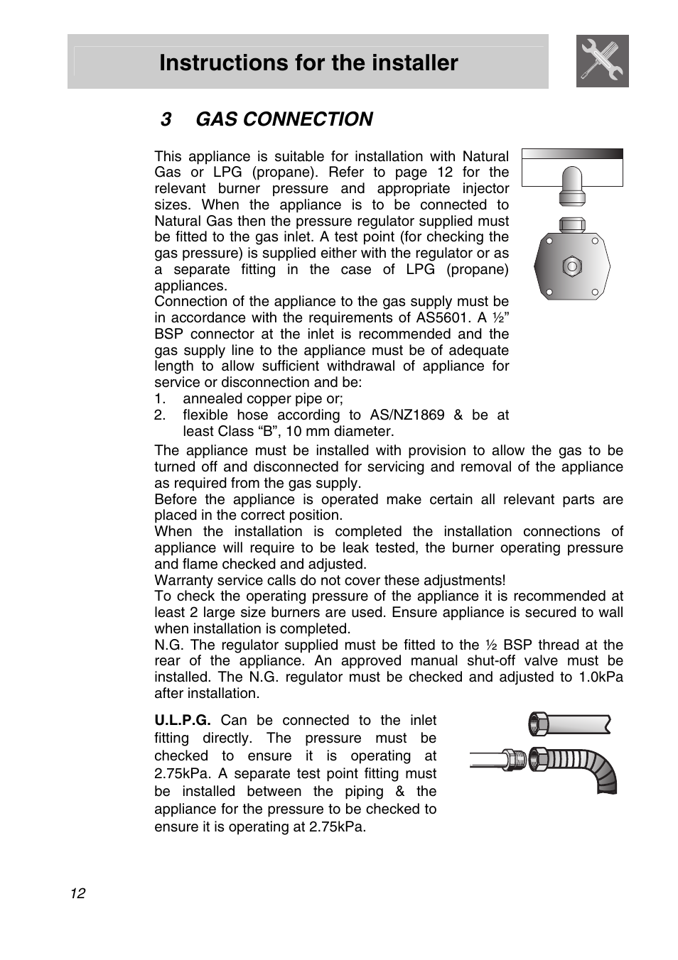 3 gas connection, Gas connection, Instructions for the installer | Smeg PGA75FSC3 User Manual | Page 10 / 20