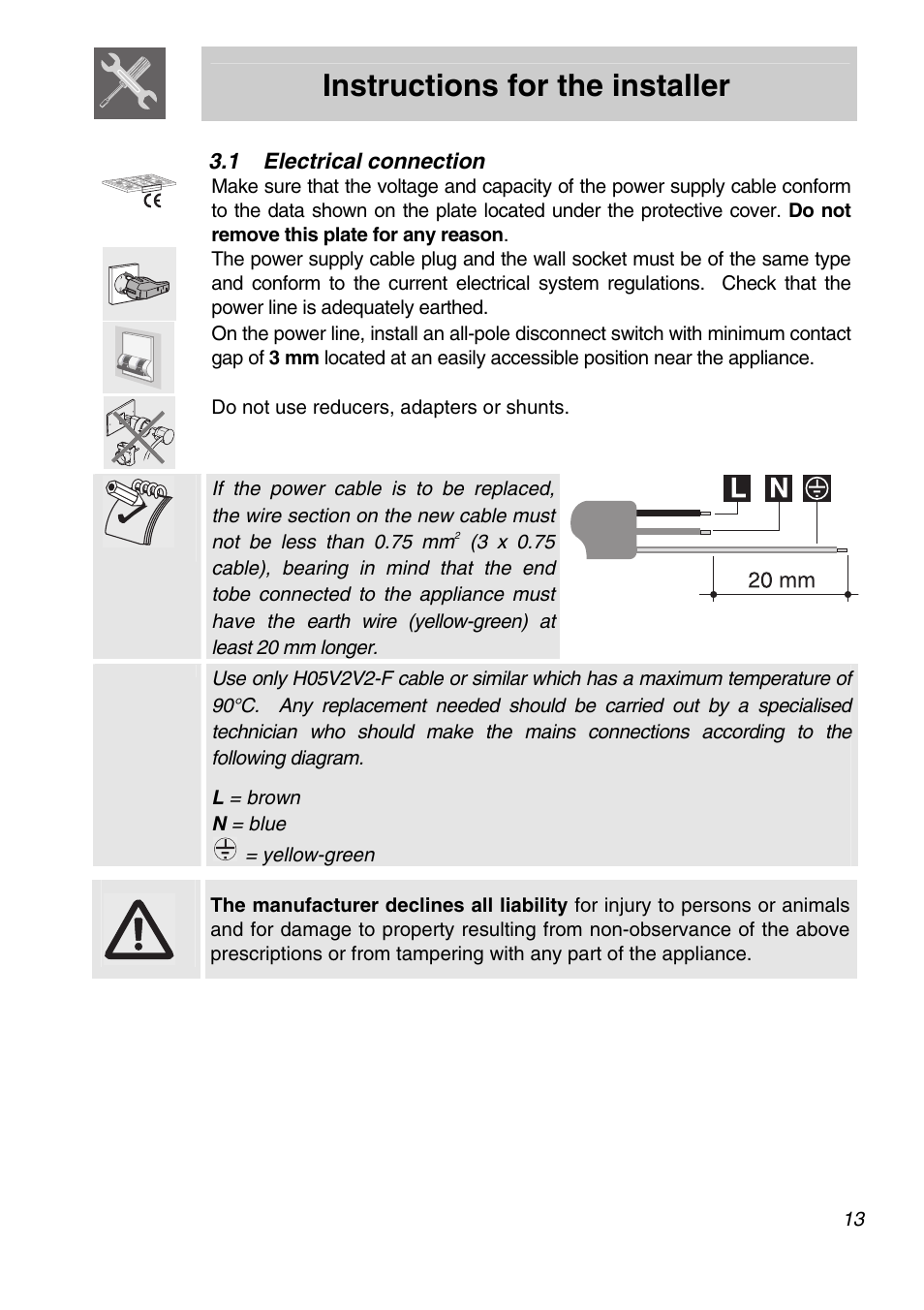 1 electrical connection, Instructions for the installer, Do not use reducers, adapters or shunts | L = brown n = blue = yellow-green | Smeg PGA75FSC3 User Manual | Page 11 / 20