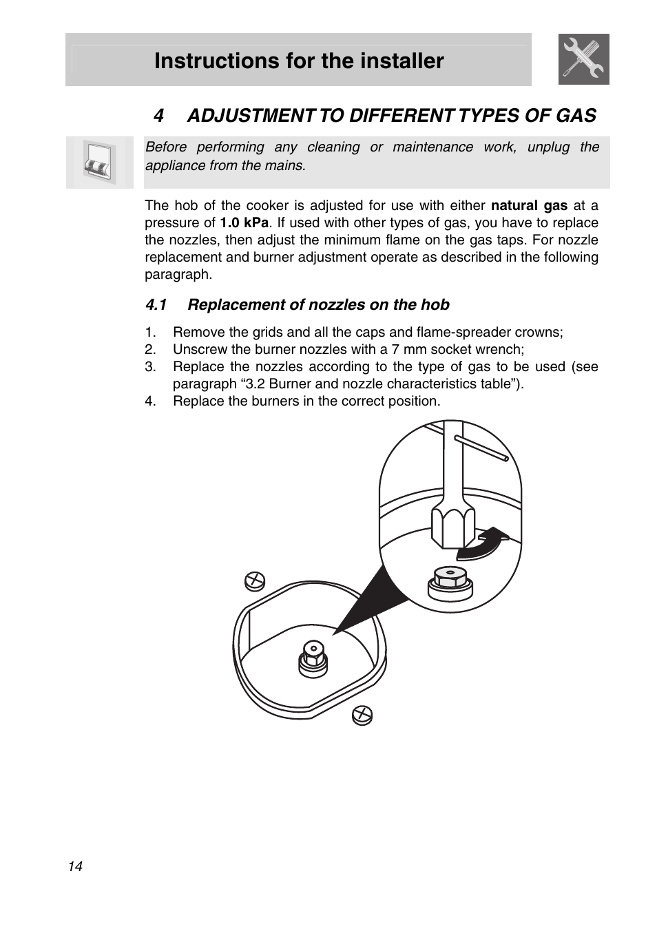 4 adjustment to different types of gas, 1 replacement of nozzles on the hob, Adjustment to different types of gas | Instructions for the installer | Smeg PGA75FSC3 User Manual | Page 12 / 20