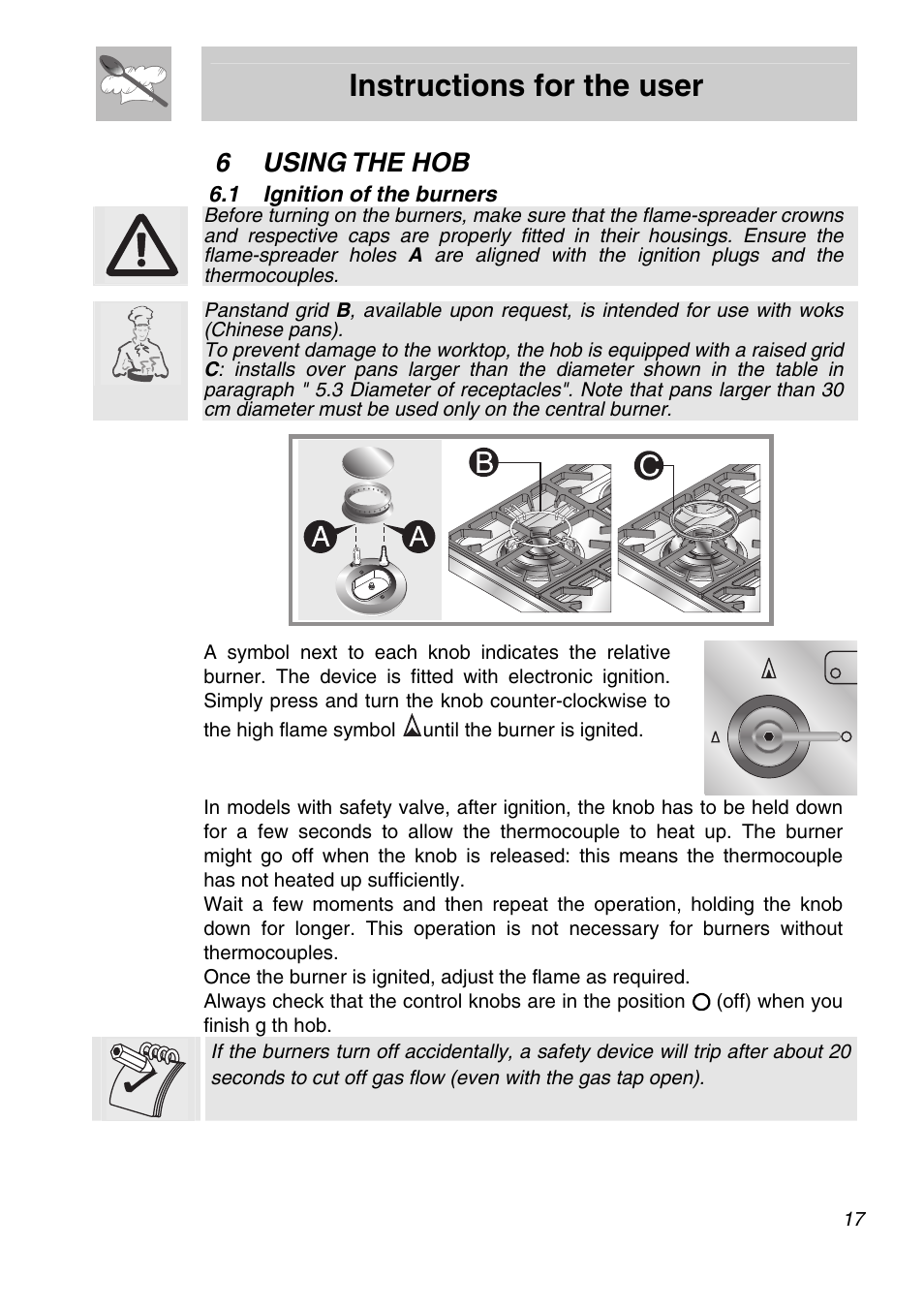 6 using the hob, 1 ignition of the burners, Using the hob | Instructions for the user | Smeg PGA75FSC3 User Manual | Page 15 / 20