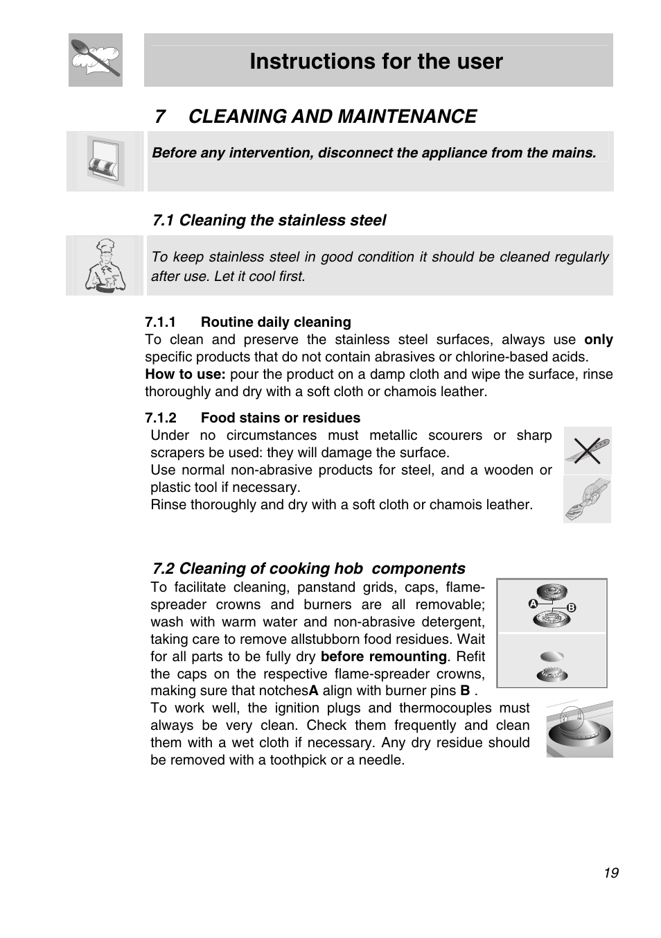 7 cleaning and maintenance, 1 cleaning the stainless steel, 1 routine daily cleaning | 2 food stains or residues, 2 cleaning of cooking hob components, Cleaning and maintenance, Instructions for the user | Smeg PGA75FSC3 User Manual | Page 17 / 20